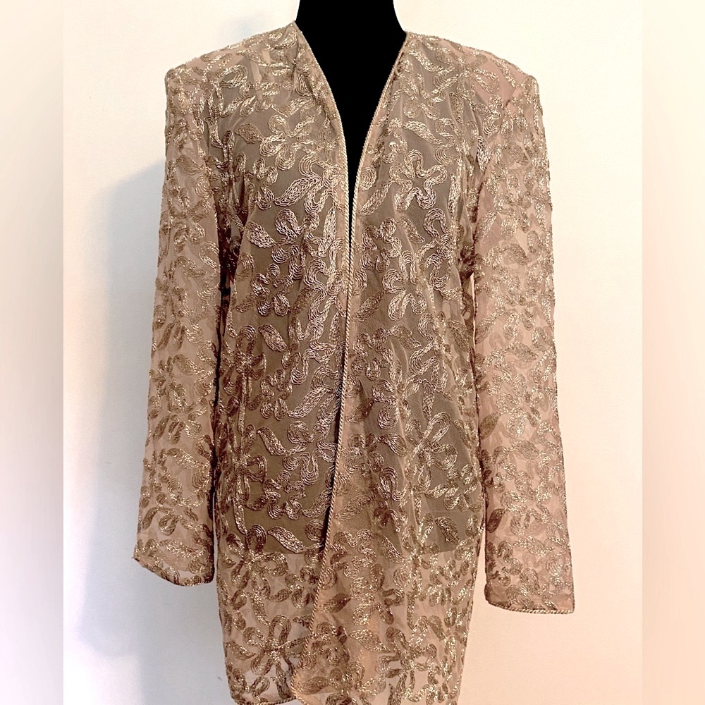 Victor Costa Metallic Gold Soutache Lace Duster Coat Size 6